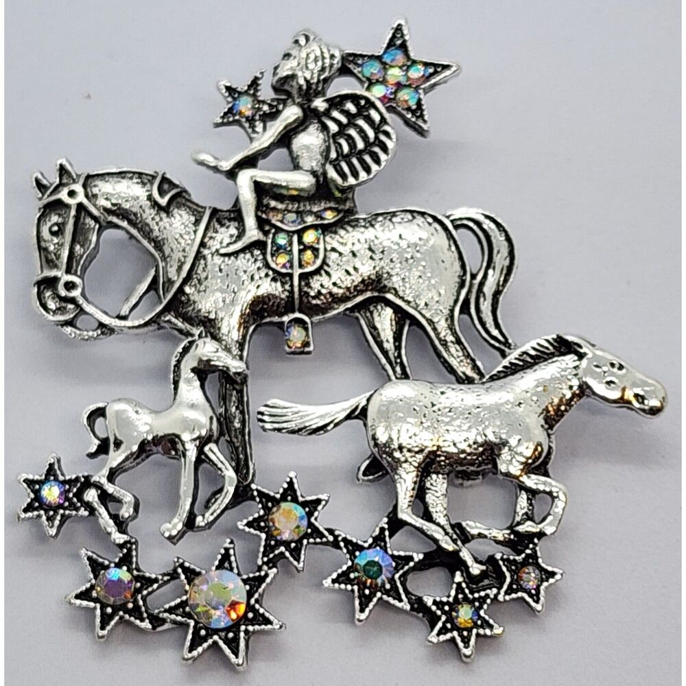 Fairy Horse Stars Brooch Silver Tone Metal with AB Rhinestone Accents